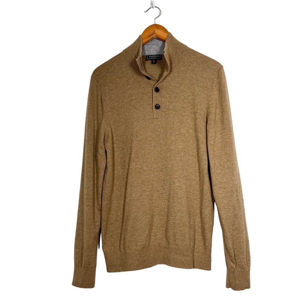 Express Men’s‎ Wool Blend Pullover 1/4 Button Front Mock Neck Sz M Light Brown